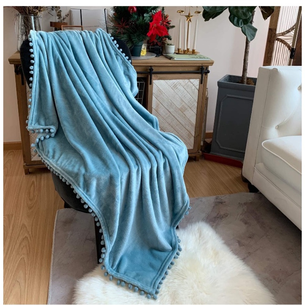 Navy Blue Pompom Fringe Chic Cozy Soft Throw Blanket/Cover - Picture 13 of 16